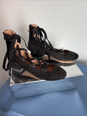 Sigerson Morrison smhea black suede lace-up round toe ankle flats ballerina 8